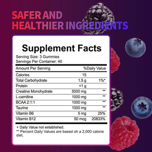 Creatine Monohydrate Gummies for Men & Women, Creatine Supplement for Enhanced Muscle Growth, Energy Boost - with L-Taurine, Sugar Free, Vegan, Raspberry Blackberry Blueberry Flavor-120 Count