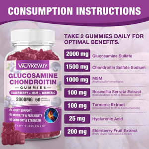 Sugar Free 2000Mg Glucosamine Chondroitin Gummies, Extra Strength Glucosamine with Chondroitin MSM & Turmeric, Joint Support Supplement, Antioxidant Immune Support - 60 Gummies