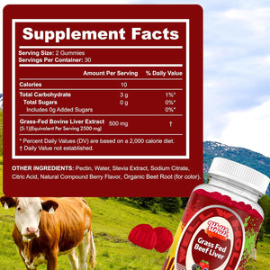 Well&Whole Grass Fed Beef Liver Gummies, Dessicated Beef Liver Supplement for Energy, Immunity, and Full Wellness - Non GMO, Gluten Free, for Adults and Kids, 60 Counts