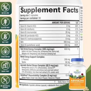 Ridgecrest Herbals Adrenalove, Stress and Energy Support Supplement (60 Vegan Caps, 30 Serv)