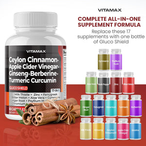 Ceylon Cinnamon, Apple Cider Vinegar, Turmeric - Gluco Health Support - Panax Ginseng, Berberine, Bitter Melon Milk Thistle Fenugreek - Non GMO – Made in USA – 60Ct