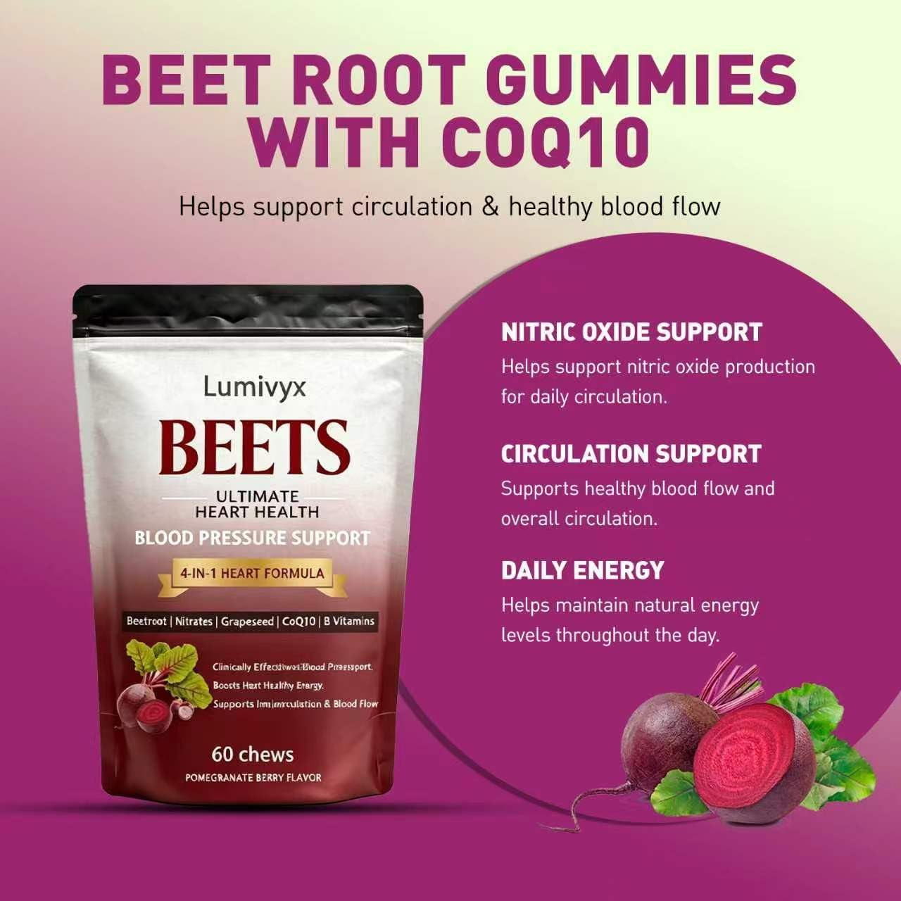 Beet Chews, Beets Chews the 3-In-1,With 500Mg Beetroot, 100Mg Coq10 & 150Mg Grape Seed Extract,60 Count