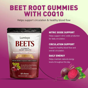 Beet Chews, Beets Chews the 3-In-1,With 500Mg Beetroot, 100Mg Coq10 & 150Mg Grape Seed Extract,60 Count