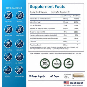 Thyroid Support for Women and Men with Iodine - Energy, Focus & Power Thyroid Supplement - All Natural Herbal Mineral and Vitamin Complex with B12, Zinc, Selenium, Ashwagandha - 60 Vegetarian Capsules