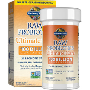 Garden of Life Raw Probiotics for Women and Men with Digestive Enzymes, 100 Billion CFU, Clinically Studied Strains, Shelf Stable, 30 Capsules