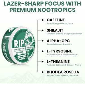 Immortal Drip RIP Nootropic Energy Pouches (Wintergreen) – 5 Cans – 15 Pouches per Can – Clean Energy & Focus Support – 50Mg Caffeine, Shilajit, Alpha-Gpc, L-Tyrosine, Rhodiola