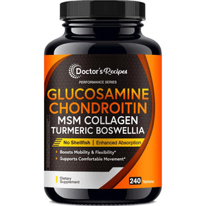 Doctor'S Recipes Glucosamine Chondroitin MSM Turmeric Quercetin, Movement Support Supplement for Men & Women, with Black Pepper for High Absorption, Mobility & Flexibility, No Shellfish, 240 Tablets