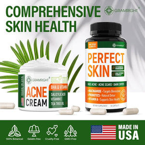 Perfect Skin Acne Pills - Clear Skin Supplement with Niacinamide, Probiotic, Zinc & Vitamin a - anti Acne Vitamins for Teens, Men & Women - Support for Face & Back Acne, Acne Scars - 60 Capsules