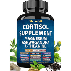 Strongvit Cortisol Supplements for Women and Men with Magnesium, Ashwagandha & L-Theanine. High Cortisol Reducer, Manager, Detox, Lower and Control. Sleep Support & Stress Relief, USA