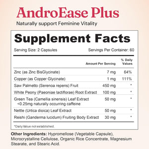 Nourished Androease plus - Vegan Hormone Balance for Women - Zinc, Reishi, Green Tea and Saw Palmetto for Women - for Energy, Vitality, Facial Hair and Daily Wellness - 60 Capsules, Made in USA
