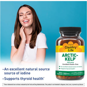Country Life Arctic-Kelp – Natural Iodine Supplement for Thyroid and Immune Support – Vegan, Gluten-Free, 225 Mcg – Ideal for Thyroid Health, Hypothyroidism, and Adrenal Support, 300 Tablets