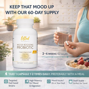 Lifted Naturals Mood Boosting Probiotic 30 Billion CFU - Mood Support Supplement, Prebiotics and Probiotics for Women & Men, Acidophilus Lactobacillus Probiotic, Shelf Stable & Non-Gmo, 60 Capsules