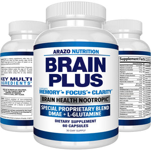 Arazo Nutrition Premium Brain Function Supplement – Memory, Focus, Clarity – Nootropic Booster with DMAE, Bacopa Monnieri, L-Glutamine, Multi Vitamins, Multi Minerals
