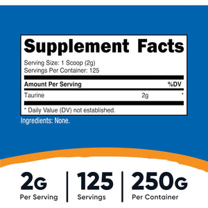 Nutricost Taurine Powder 250 Grams - 125 Servings, 2000Mg per Serving