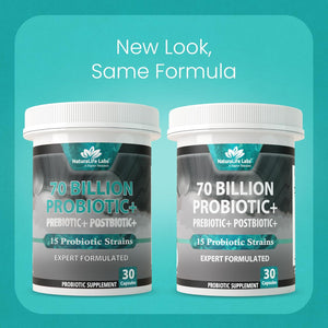 Naturalife Labs Probiotics 70 Billion CFU – 15 Strains + Organic Prebiotic & Postbiotic 3-In-1 – Gut & Digestive Support – Supports Occasional Bloating – Women & Men – Vegan & Shelf Stable – 30 Caps