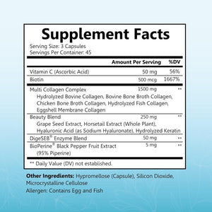Bioschwartz Hydrolyzed Collagen Peptide Capsules - Multi Collagen Supplements for Women Types I, II, III, V, X with Vitamin C, Biotin, Keratin and Hyaluronic Acid for Skin, Hair & Nails - 135Ct