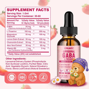 Liposomal GABA L-Theanine Drops for Kids - Liquid GABA Supplement with Magnesium, Chamomile, Lemon Balm & Vitamin B6 - Support Relaxation, Focus & Stress Relief for Kids & Adults - Strawberry Flavor