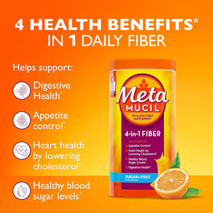 Metamucil 4-In-1 Psyllium Husk GLP-1 Friendly Fiber Supplement, Sugar-Free, 72 Teaspoons, Orange Flavored, Daily Fiber Powder for Digestive Health, Made with Plant-Based Psyllium Husk Fiber