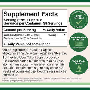 Bacopa Monnieri Capsules 20% Bacosides 450Mg, 90 Count (Non-Gmo, Gluten Free) Brahmi Extract (Memory Supplement for Brain Health, Focus, and Cognitive Function) by Double Wood