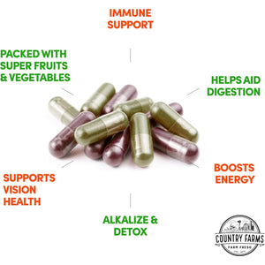 Country Farms Fruits and Vegetables Supplement, 180 Fruit and 180 Veggie Capsules, Greens and Reds Packed with Superfoods, Powerful Antioxidants, 60 Servings