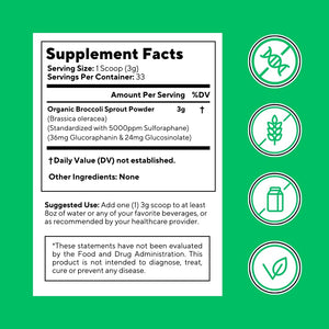 Vitapia Organic Broccoli Sprout Powder for Sulforaphane, Antioxidant, Brain, Skin, Heart Health Support - 100G Powder Supplement & 33 Day Supply - Non-Gmo, Gluten-Free, Vegan-Friendly