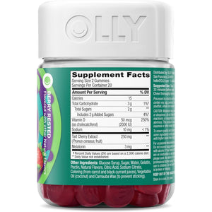 OLLY Muscle Recovery Sleep Gummies, Sleep and Healthy Muscle Support,* 3Mg Melatonin, Tart Cherry Extract, Vitamin D, Berry Rested Flavor, 20 Day Supply - 40 Count
