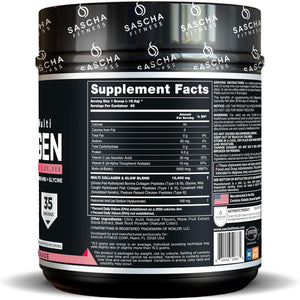 SASCHA FITNESS Hydrolyzed Multi Collagen Peptides Tipes 1,2 & 3 |Hyaluronic Acid|Biotin |Cynatine Hsn|Vitamin C & E |For Hairs, Skin & Bone Support|Strawberry Lemonade