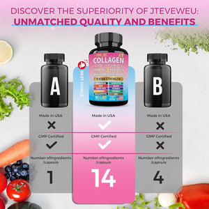 Collagen Supplement - Types I, II, III, V & X, MCG Biotin, Keratin, Hyaluronic Acid, Zinc, Grape Seed Extract, Quercetin, Vitamin A, Vitamin C, Vitamin E, Magnesium, Folic Acid(90 Capsules)