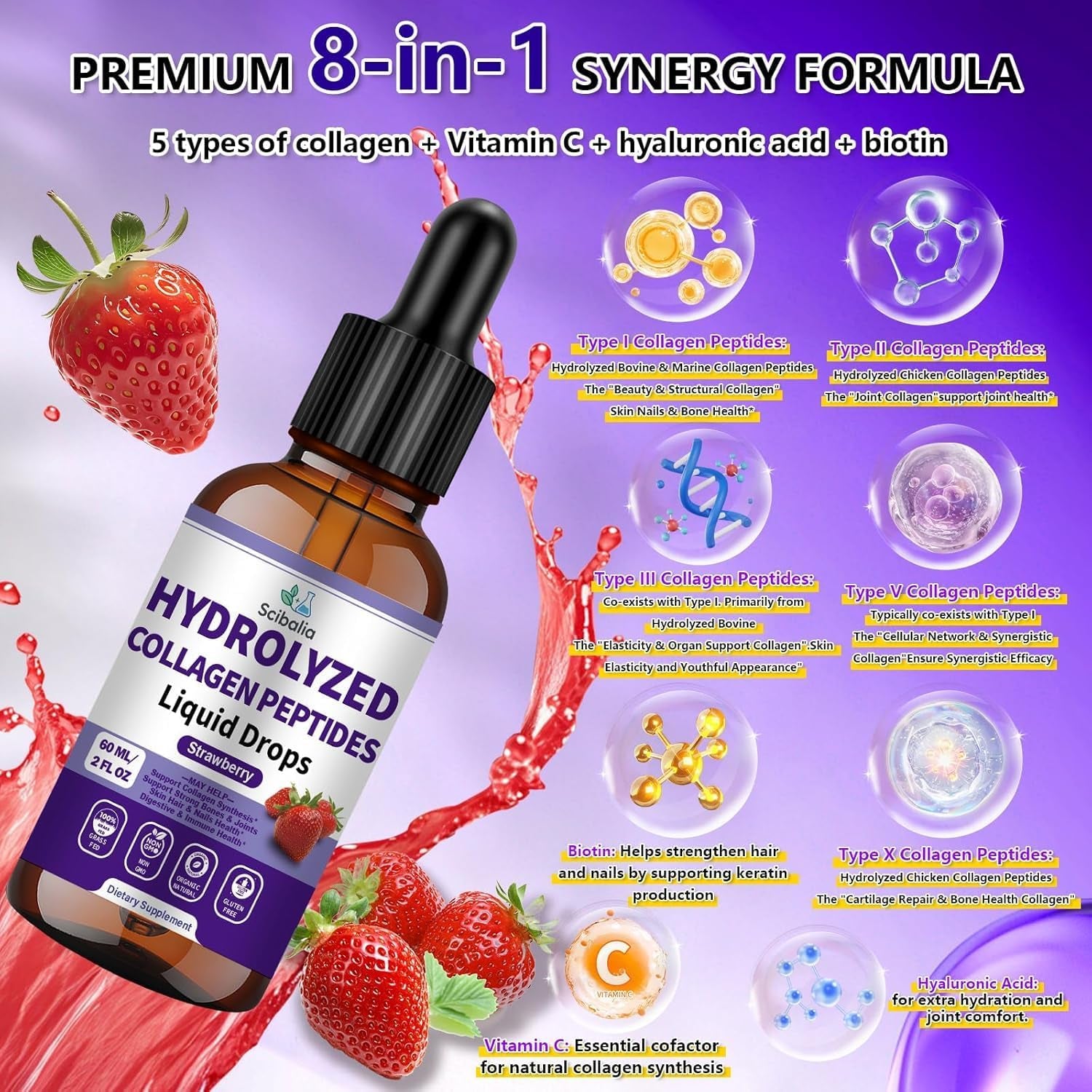 Multi Collagen Peptides Liquid Drop W. Types I II III V X Hyaluronic Acid Vitamin C Biotin for Joint, Skin, Hair & Nail Health, Hydrolyzed Liquid Collagen High Absorption for Women Men Grass Fed