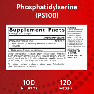 Jarrow Formulas PS100 Phosphatidylserine 100Mg, Dietary Supplement for Brain Health and Cognitive Function Support, 120 Softgels, up to a 40-120 Day Supply