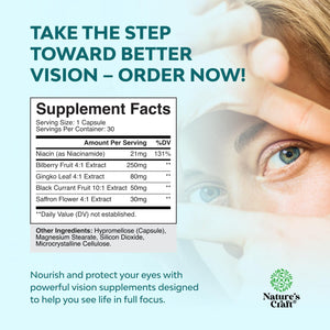 Natures Craft Eye Pressure Support with Bilberry Extract - Vegan Eye Health Supplement for Adults for Ocular Pressure Relief with Saffron Ginkgo Niacin and More Vitamins Vision Support - 30 Count