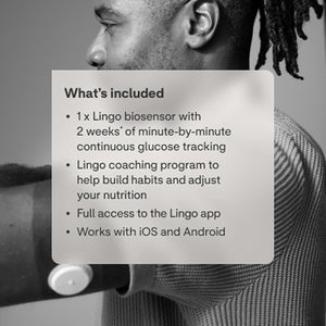 Lingo Continuous Glucose Monitor (CGM). Made by Abbott. Optimize Your Nutrition with Real-Time Glucose Data & Insights. 1 Lingo Biosensor Lasts up to 14 Days*. Works with Ios and Android. US Only.