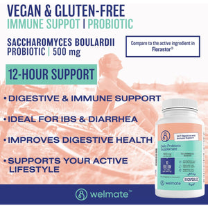 WELMATE - Daily Probiotic Supplement (200 Capsules) Saccharomyces Boulardii 500Mg - 24/7 Digestive Support, Immune Support - 10 Billion CFU - Over-The-Counter Medication - Vegan, Gluten Free, Non GMO