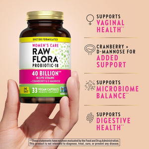 Raw Flora Women'S Probiotics | Dr. Formulated 40 Billion CFU + Prebiotics | Digestive, Vaginal & Urinary Support | 33 Vegan Capsules with Cranberry & D-Mannose | Shelf Stable