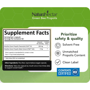 Naturanectar - Green Bee Propolis Capsules - NSF Contents Certified Brazilian Green Propolis - Gluten-Free Propolis Supplements with Flavonoids - Naturally Sourced through Ethical Beekeeping (60Pcs.)