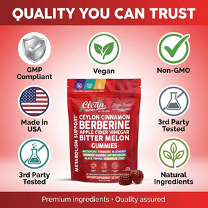 Sugar Savior Ceylon Cinnamon Berberine Gummies Apple Cider Vinegar Artichoke Turmeric Blueberry Ginseng Banaba Bitter Melon Black Pepper Vitamin D Zinc GLP1 Gummies 60 Count by Clean Nutra