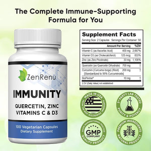 Immunity Quercetin 700 Mg Zinc Vitamin C Vitamin D Immune Support Supplement with Curcumin - Easy to Absorb Immunity Supplement, 100 Vegetarian Capsules 50 Day Supply
