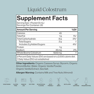 CYMBIOTIKA Liquid Colostrum, 1.5G Full Spectrum Colostrum, Grass-Fed Bovine Colostrum for Gut Health, Immune Support, Skin & Recovery, Sea Salt Vanilla Flavor, 26 Daily Packets (Single Pack)