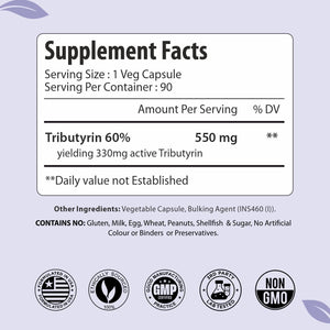 Tributyrin Supplement 550Mg, Advanced Butyrate Form for Gut Health, 60% Standardized, More Effective Delivery than Sodium Butyrate, 90 Capsules, Non-Gmo & Gluten Free Postbiotic Supplement