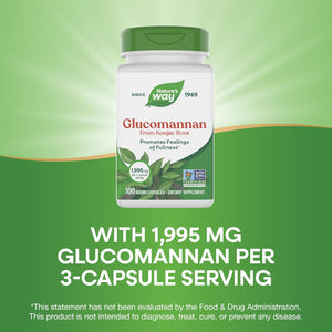 Nature'S Way Herbal Glucomannan from Konjac Root Capsules, Promotes Feelings of Fullness*, 1,995 Mg per 3-Capsule Serving, Non-Gmo Project Verified, Vegan, 100 Capsules (Packaging May Vary)