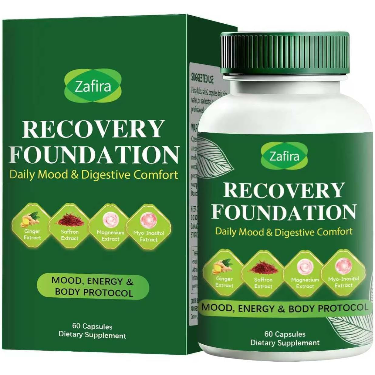 Zafira Recovery Foundation Capsules – Clear Mental Fog, Reduce Hair Loss & Boost Digestion | Clinically Tested, All-Natural Ingredients,Non-Gmo, 60 Capsules