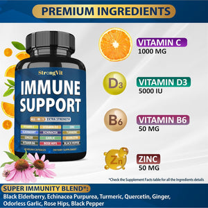 Strongvit Immune Support Supplement 12 in 1 Complex with Vitamin C, D3, Zinc, Echinacea, Elderberry, Ginger, Turmeric. Immune Defend for Men & Women, Non-Gmo, Gluten-Free, Vegan, USA