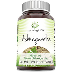 Amazing India Ashwagandha Supplement | 500 Mg per Serving | 120 Veggie Capsules | Non-Gmo | Gluten Free | Made in USA | Ideal for Vegetarians