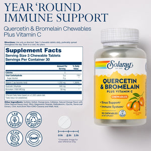 SOLARAY Quercetin with Bromelain and Vitamin C Chewables - Immune Support Supplement - Immune Defense and Heart Health Complex with 1250Mg Vit C, Natural Orange Flavor, 60-Day Guarantee, 30 Serv, 90Ct