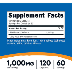Nutricost L-Methionine (1,000 Mg) 120 Capsules - 60 Servings, Gluten-Free, Gmo-Free