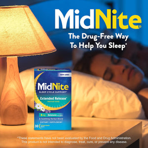 Midnite Extended Release Medium Dose, 6 Mg Melatonin Sleep Aid, Non-Habit Forming, Herbal Dietary Supplement for Adults, Drug-Free, Gluten-Free, Lactose-Free, Vegetarian, Vegan, 30 Tablets