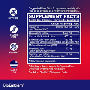 Bioemblem Glucosamine Sulfate 1500Mg with Chondroitin & MSM, Joint Support Supplement with Boswellia, Turmeric & Hyaluronic Acid, Supports Mobility, Flexibility & Cartilage Health, Non-Gmo, 90 Caps