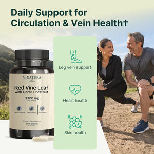 VINATURA Red Vine Leaf Extract - Horse Chestnut, 1300Mg/Serving *USA Made and Tested* Circulation and Vein Support for Healthy Legs - Helps Blood Flow, Leg Circulation - 60 Capsules (30 Servings)