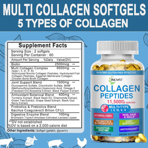 Collagen Peptides Softgels, Multi Collagen Peptide W/ Glucosamine Chondroitin MSM Biotin, Hydrolyzed Collagen Peptides Complex for Women Supports Skin Hair Nail Joints Bones Gut Health, Non-Gmo