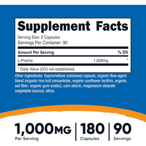 Nutricost L-Proline 1000Mg, 180 Capsules (90 Servings) - 500Mg per Cap, Non-Gmo, Gluten Free
